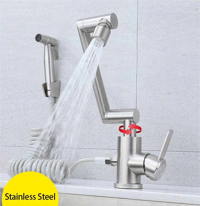 صنبور حوض الحمام مع بخاخ جانبي 1080 °   صنبور حوض خلاط للمياه الباردة والساخنة متعدد الوظائف، وضعين، صنبور رش مغسلة