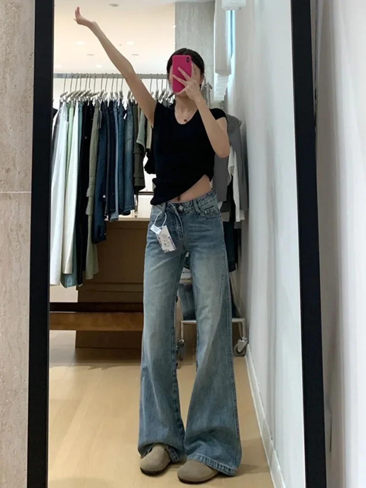 بنطلون جينز نسائي من American Retro Bell Bot بتصميم منخفض الخصر للتخسيس وليس يغطي الرجل كاجوال مريح وقابل للتنفس وناعم