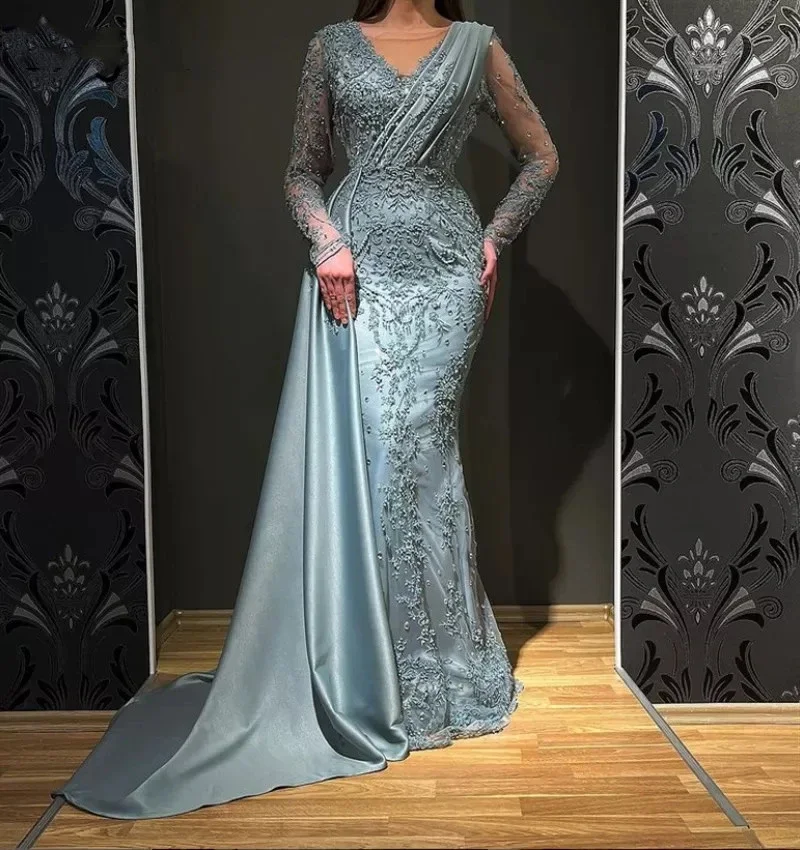 Blue Elegant Dubai Arab V-neck Decal Evening Dresses Lace Mermaid Long Sleeve Beaded Gorgeous Formal Prom Dresses For Women