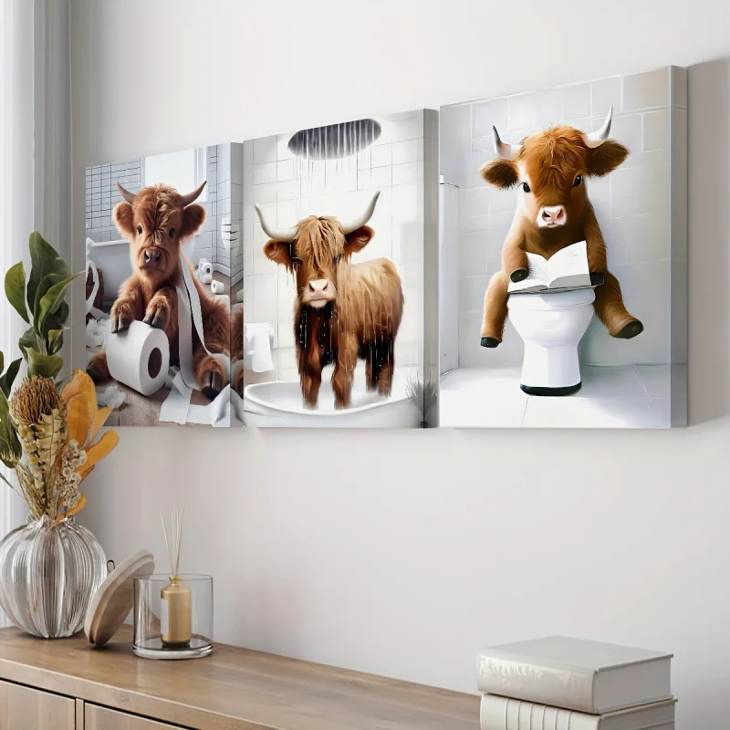 

3Pcs Unframed Scottish Funny Bathroom Print Canvas Poster, Farm Animal Humor, Whimsical Highland Cow Lover Gift