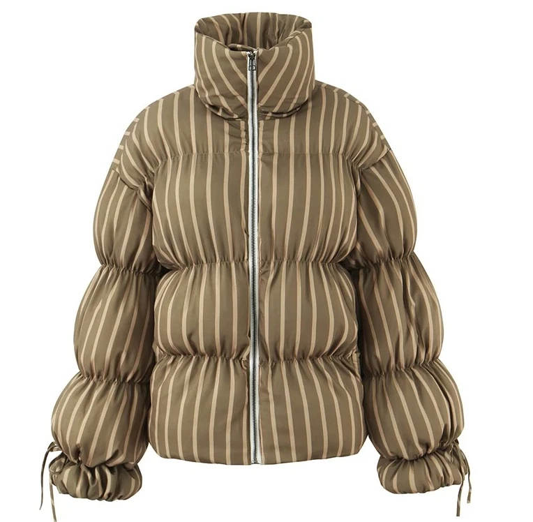 

Fashion Striped Women's Down Jacket - Army Green Striped High-Neck Thickened Coat with