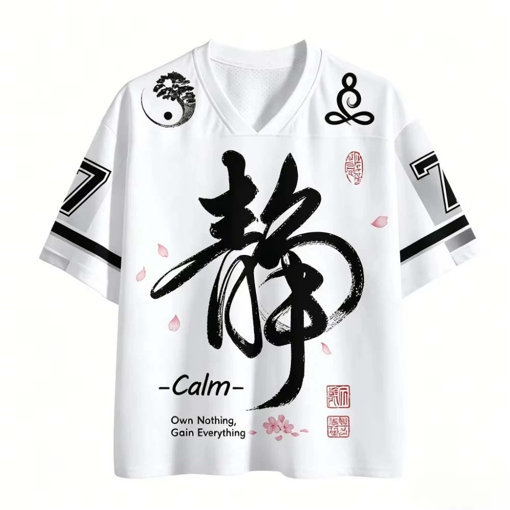 Japanese Calm Calligraphy Sakura Graphic Mesh Jersey V Neck Short Sleeve Loose Unisex Streetwear Sports Tee For Men Women
