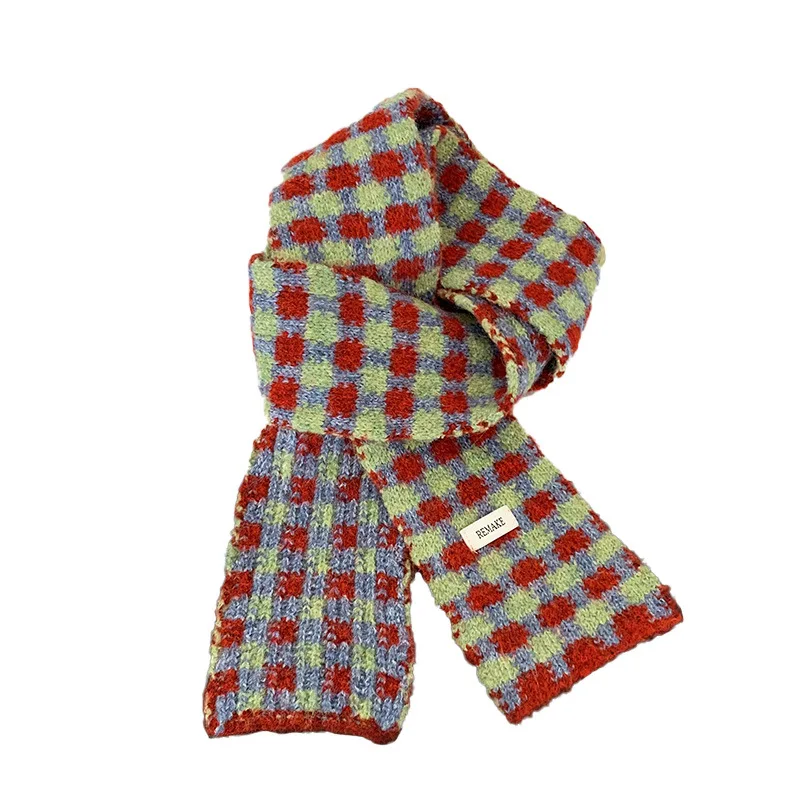 

New Checkered Knitted Imitation Cashmere Scarf Women Winter Plush Ribbon Bandana Grid Pattern Neck Warmer Warm Student Collar