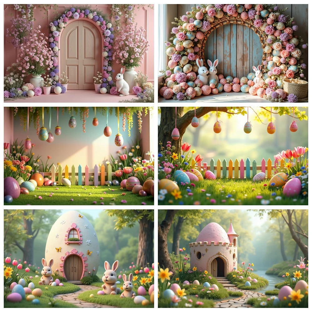 

MOON.QG Easter Photo Backdrop Bunny Rabbit Egg Spring Green Pink Garden Tulip Backgrounds Outdoor House Photography Decorations