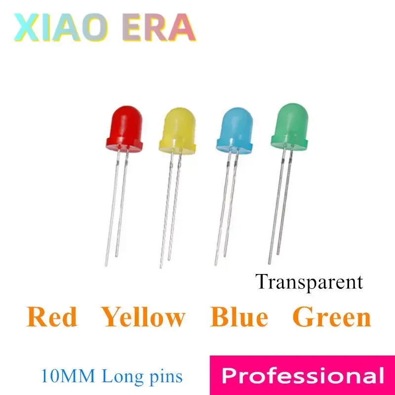 1000PCS 10MM LED Red Yellow Blue Green Long pins Transparent Color turn color Round top Chinese DIP LED Diodes