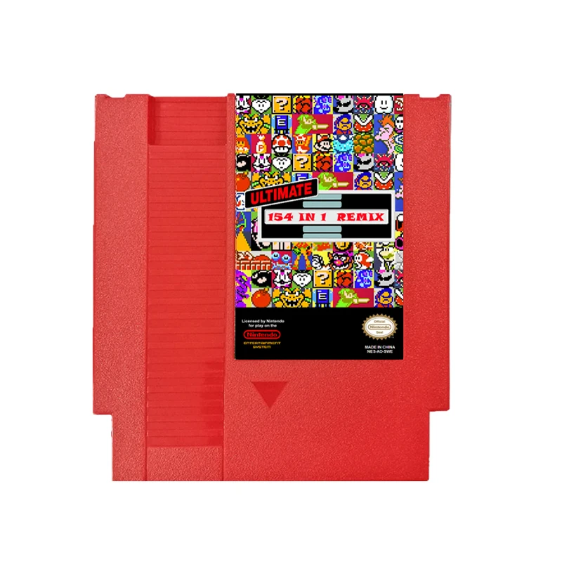 Cartucho retro do jogo de vídeo para o jogador 8 bit, cartão de jogo NES, vermelho e cinza, 72 pinos, 154 em 1