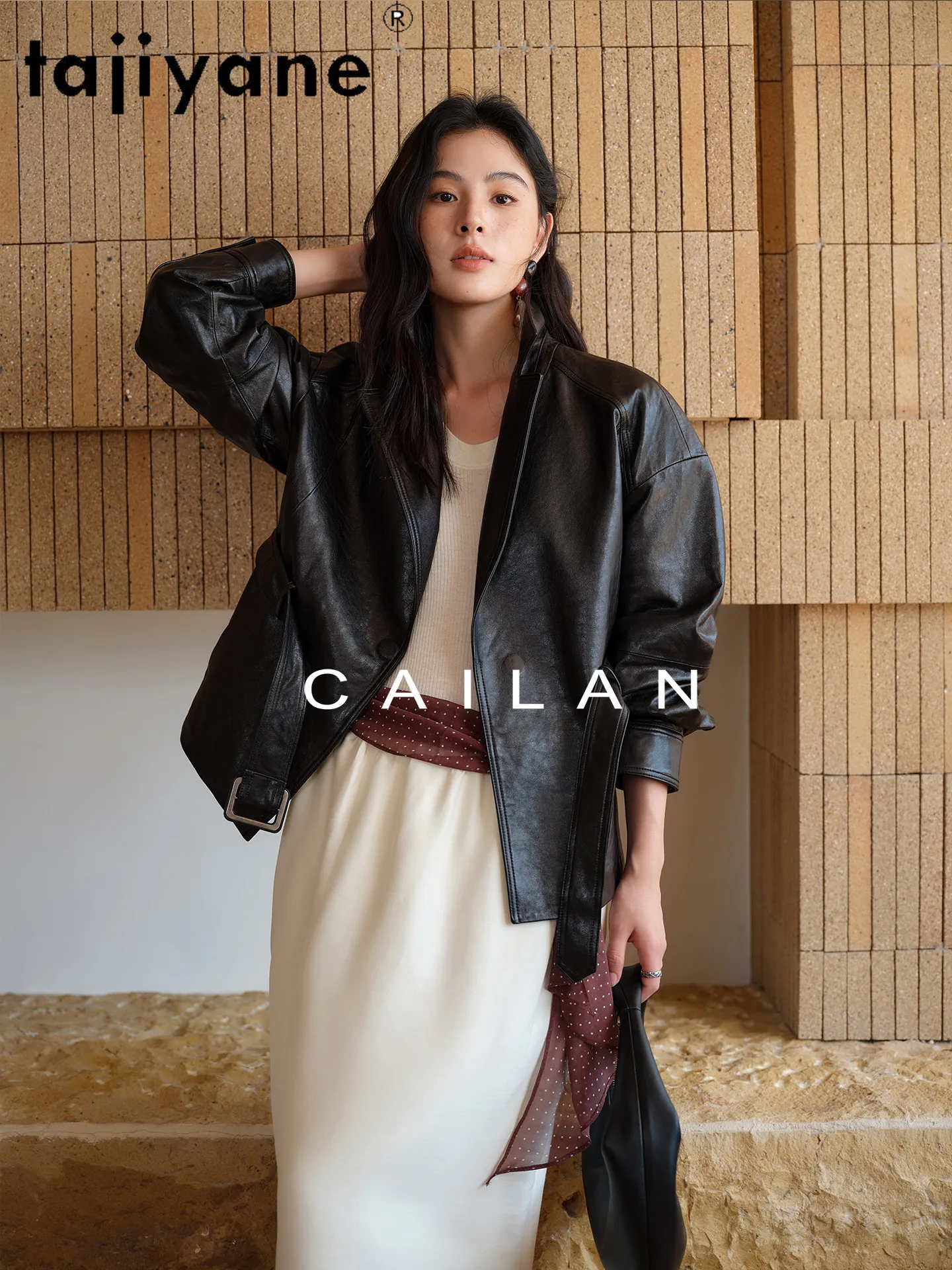 TAJIYANE オイルワックス羊革レザージャケット女性ショートベルト付きコート本革ジャケット秋の女性服 2026 дубленка