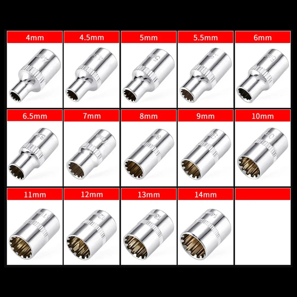 1pc 12 Point Socket Bit 1/4 Square Drive Mirror Short Head For Ratchet Wrench 4/4.5/5/5.5/6/7/9/10/11/12/13/14mm Hand-Tools