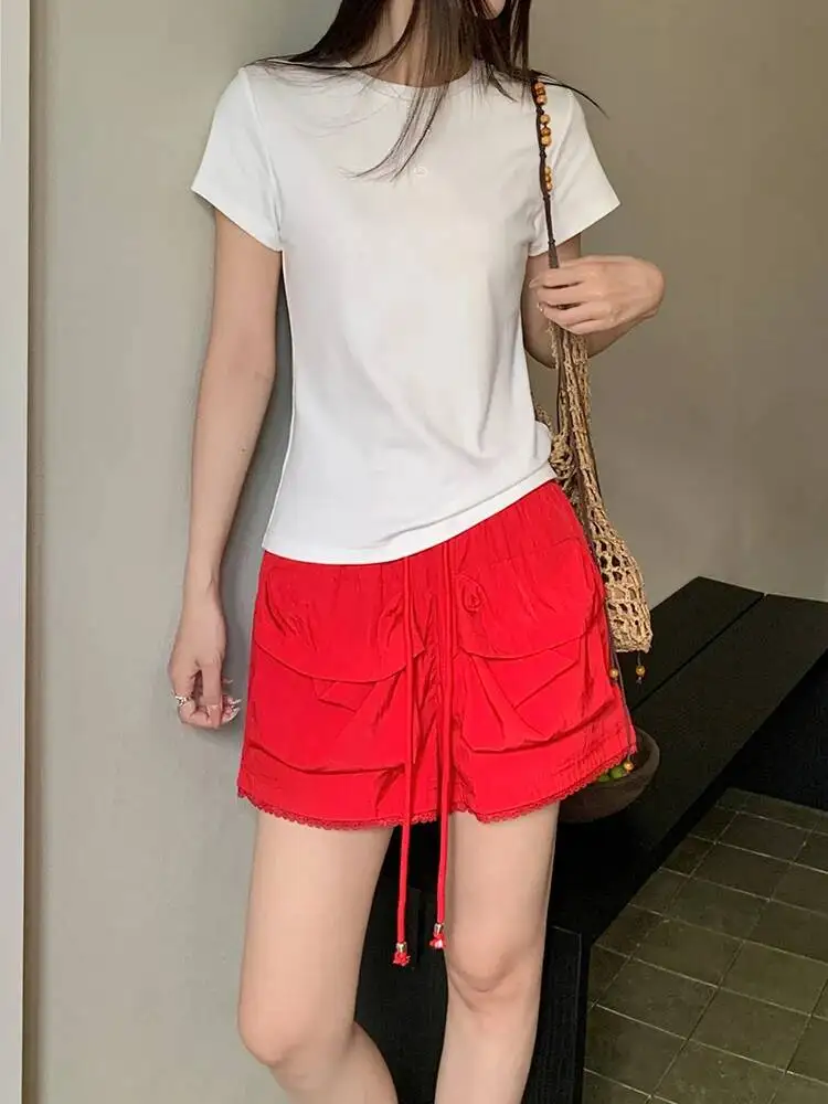Women Red Lace Spliced Pocket Casual Wide Leg Shorts New High Waist Trousers Fashion Tide Spring Summer