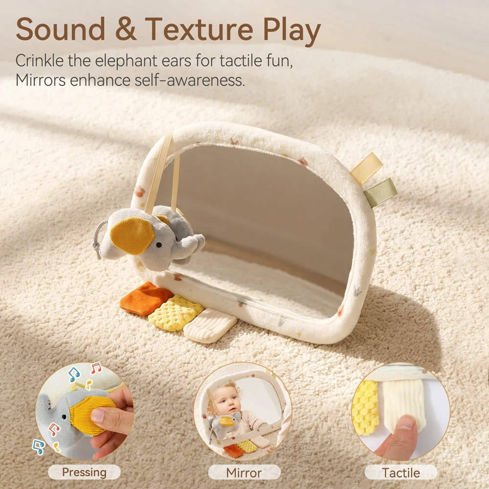 Baby Tummy Time Sensory Mirror Toy Pressing Elephant Crinkle Ears Adjustable Stand Tactile Tags Soft Plush Auditory Discovery view 3
