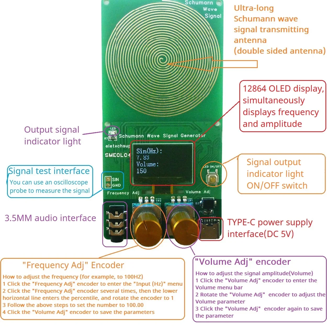 Mini Volume Frequency Continuously Adjustable LCD Encoder Adj 0.01-100kHz Ultra Low Schumann Resonances SR Signal Generator