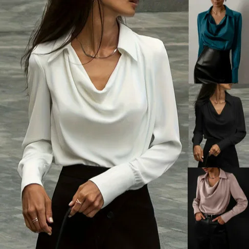 Women's Elegant Satin Blouse, Cowl Neck with Point Collar, Long Sleeve Office Work Shirt, Solid Color Casual Chic Top