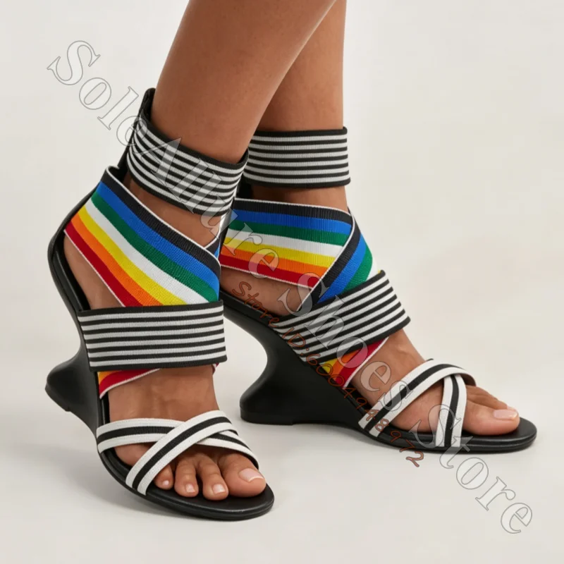 Rainbow Elastic Strap Sculptural Wedge Sandals Black Unique Curved Heel Multi Wrap Stretch Ribbon Design Festival Women Sandals