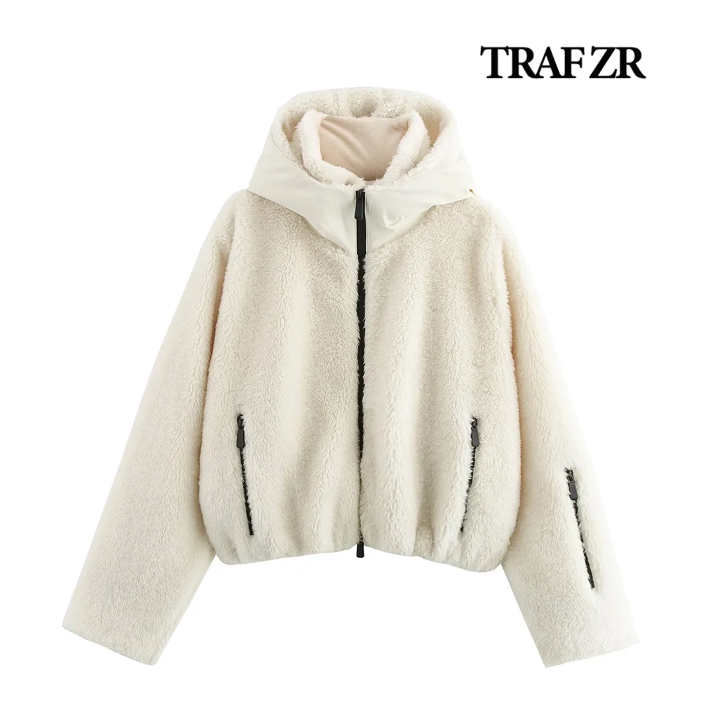 TRAF ZR High Street Elegant Women's Cold Coat Y2k Faux Shearling Jacket with High Collar and Hood Elegant Ladies Cozy Outwears