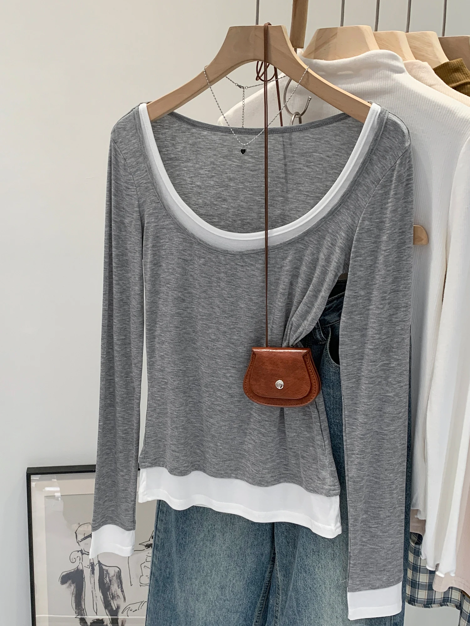 Lace Long Sleeve Women's T-shirt Ruched Detail Base Layer Top Korean Style Commute Fashion Daily Standard Fit Ladies' Tee