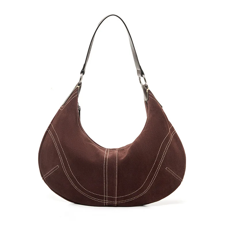 Suede Nubuck Cowhide Leather Hobo Bag Women Vintage Crescent Shoulder Bag Large Soft Casual Crossbody Purse