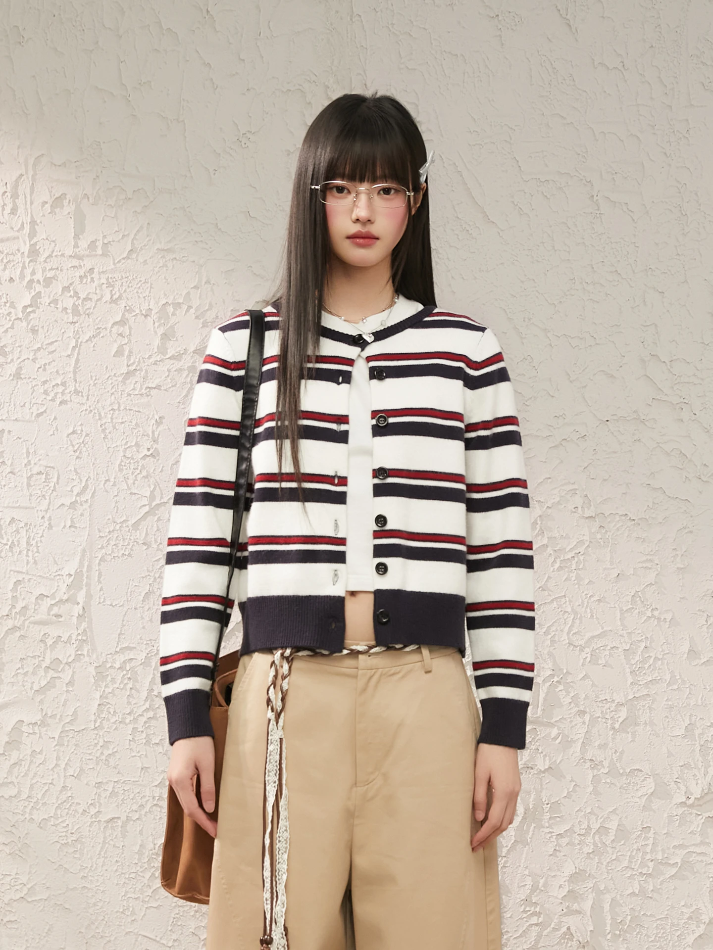 

King Prince Retro Striped Open Cardigan Knitted Sweater Women's round Ne Color Blo Spring New ort Outerwear