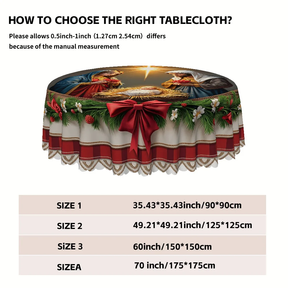 Christmas, Religious Virgin and Child Birth, Pine Branch Red Bow Stripe Printed Round Tablecloth, Polyester Weaving Material