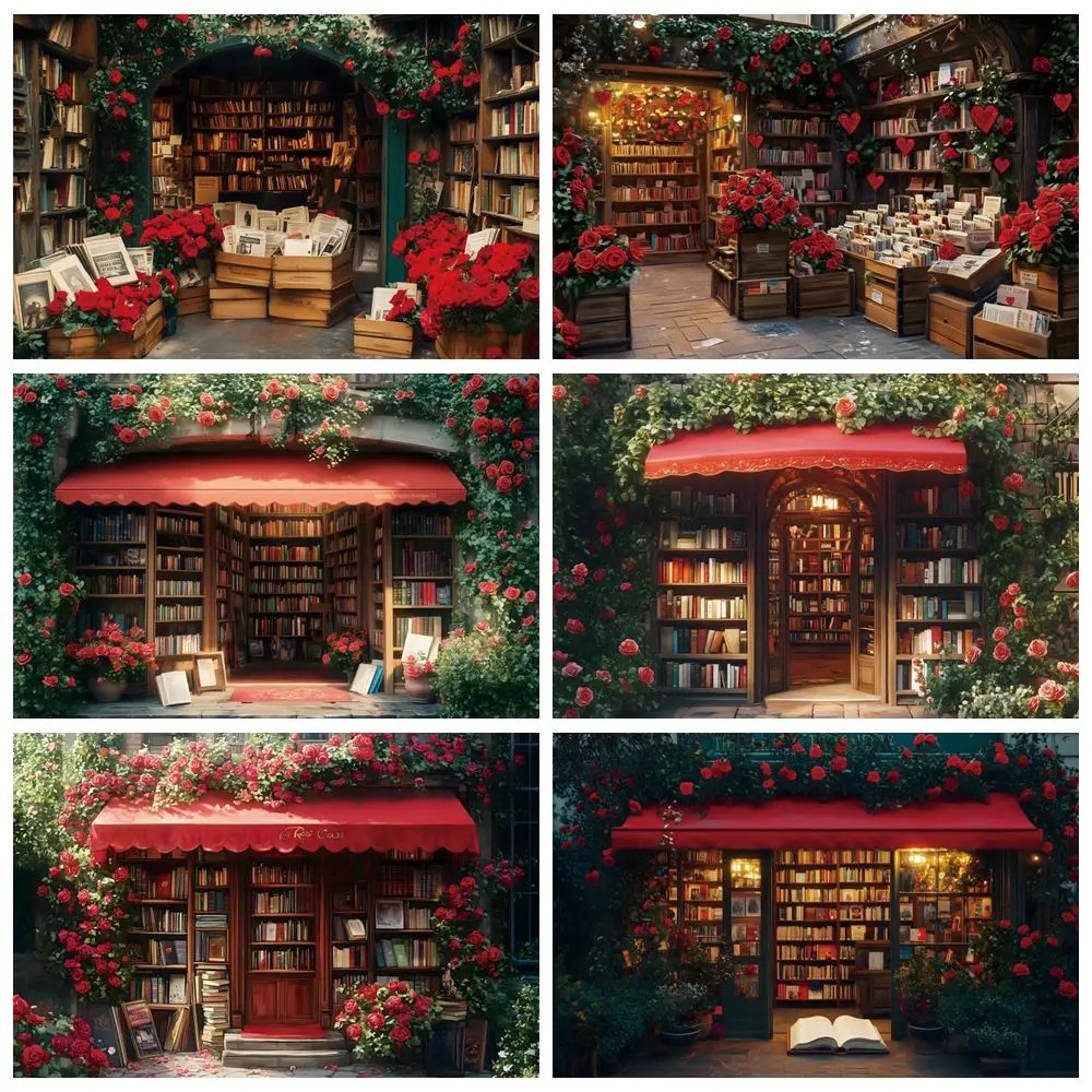 

Library Scene Backdrop Flowers Bookshelf Books Birthday Party Kids Portrait Valentines Day Photography Background Photo Studio