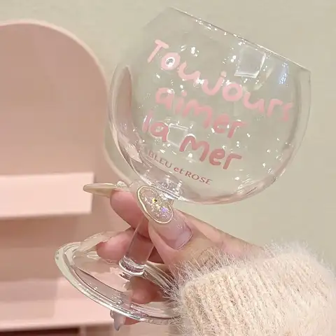 짧은 줄기 인스 귀여운 소녀 핑크 프렌치 문자 빈티지 레드 와인 유리, 내열성 커피 컵, 잔, 210ml, 7oz, 1 개