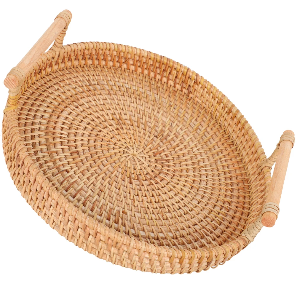 

Rattan Round Tray 28cm Wicker Basket Serving Snacks Coffee Table Trays Woven Storage Kitchen Living Room
