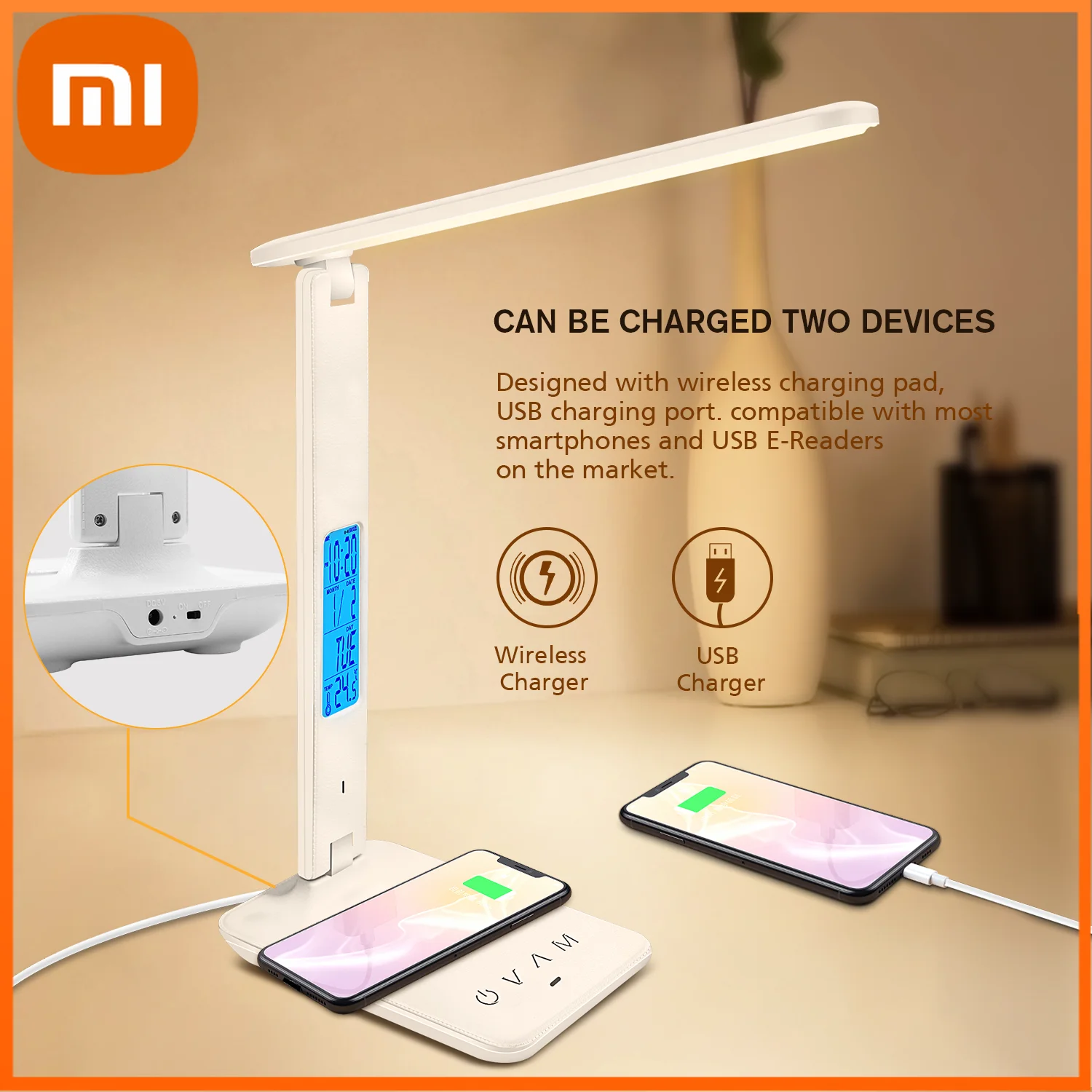 Xiaomi QI Wireless Charging LED Desk Lamp 10W With Calendar Temperature Alarm Clock Eye Protect Reading Light Table Lamp