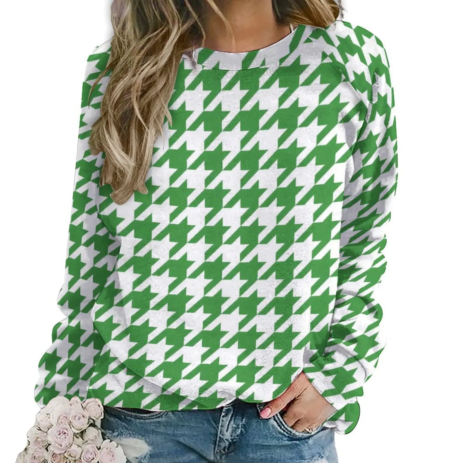 

Green Houndstooth Casual Hoodies Winter St Patricks Day Cute Hoodie Long Sleeve Oversized Harajuku Graphic Sweatshirts