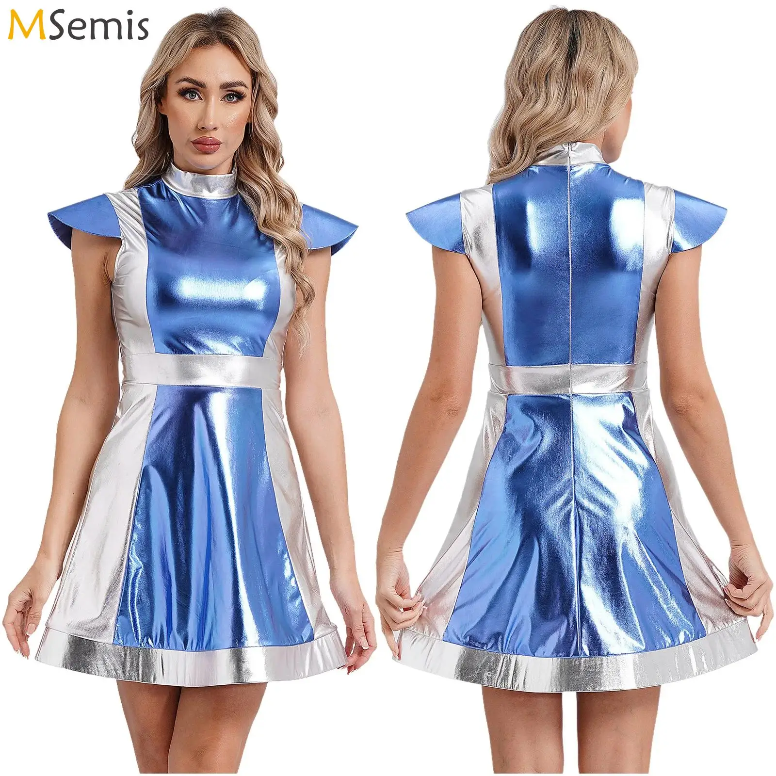 Space Alien Dress Shiny Metallic Skater Dress Disco Dance 80s Holographic Mock Neck Mini Dress for Halloween Party Festivals