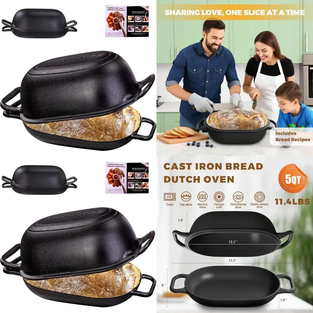 

12 x 8 Pre-Seasoned Cast Iron Dutch Oven for Sourdough Bread with Crispy Crust, 5-Quart Capacity