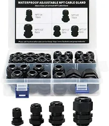 38pcs Cable Glands Joint Kit Waterproof Adjustable Nylon 1/4” 3/8” 1/2” 3/4” Strain Relief Cord Connectors Black With Gaskets