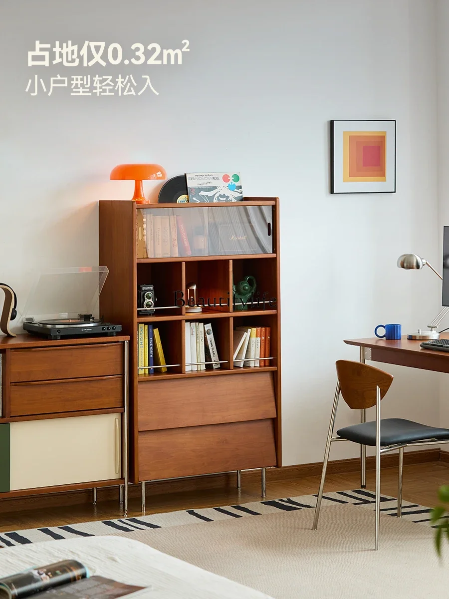 

yj21 Vintage Style Solid Wood Display Record Retro Bookshelf Glass Door Storage Cabinet