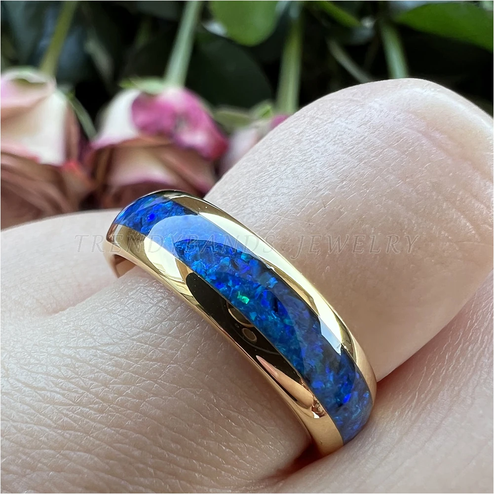 6 mm 8 mm Ringe für Männer und Frauen, Wolfram-Ehering, Modeschmuck, blaue Opal-Inlay, gewölbt, poliert, glänzend, bequeme Passform – Detail 5