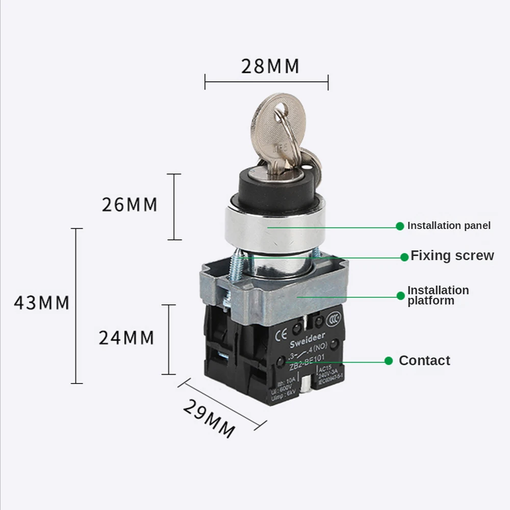 Key Switch 22mm XB2-BG21 BG33 BG23 BG25 BG35 BG45 BG53 BG22 1NO/2NO/1NO1NC 2/3 Position Self Locking Reset Select Knob Switch