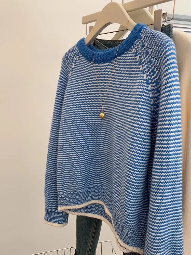 

Мягкий длинный женский свитер Klein в синюю полоску большого размера, круглый Ne, легко носить, базовый слой, внутренний повседневный трикотаж