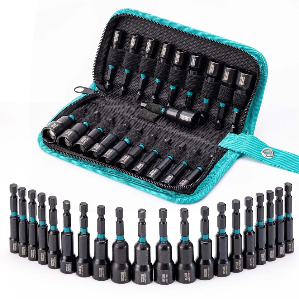  Magnetic Nut Driver, 20PCS Impact Drill Driver Bit Set 1/4" Metric 5-13mm & SAE Nut Driver 3/16''-1/2'' 