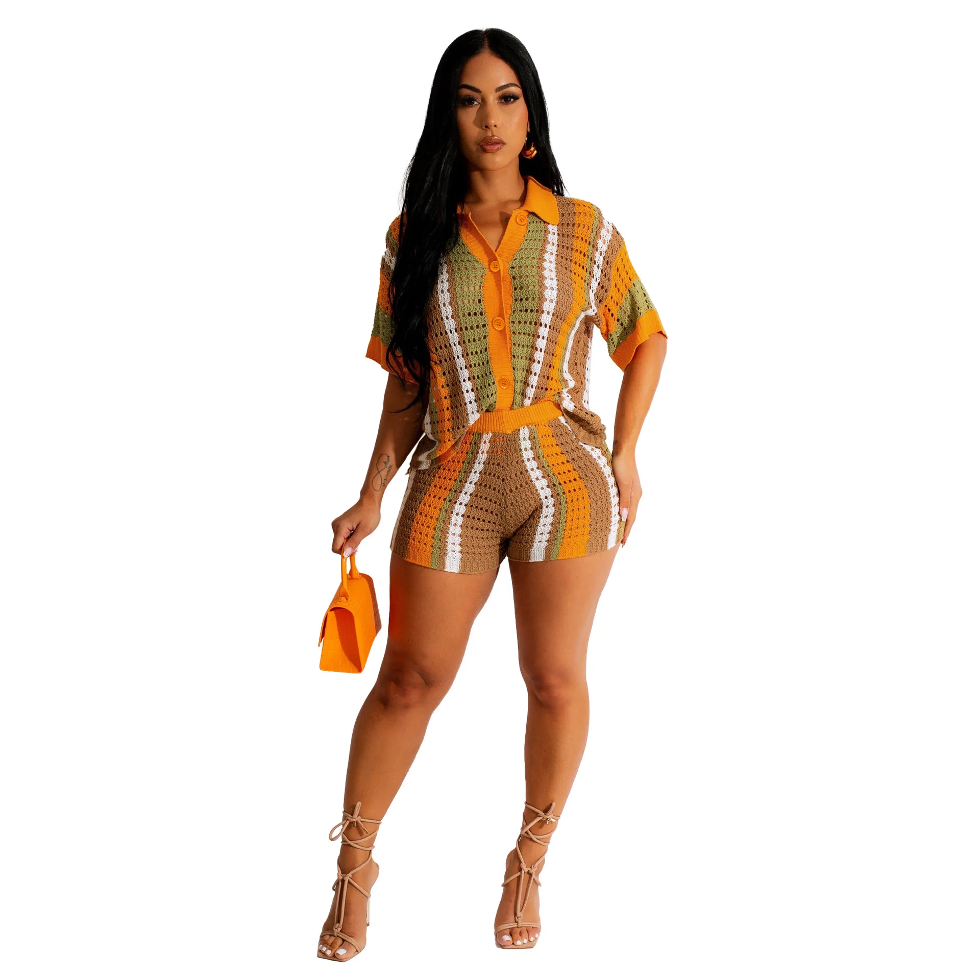 

EINY Chic Knit Ribbed Crochet Hollow Out Striped Women's Sets Short Sleeve Button Sweater+Shorts Dress Two 2 Piece Set Outfits