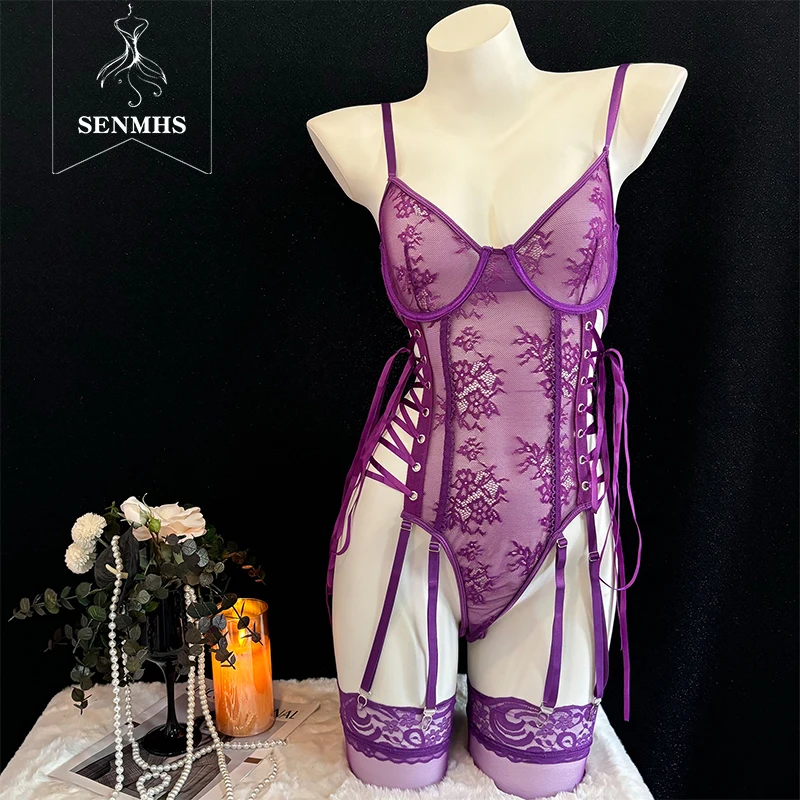 

SENMHS Purple Sexy Lace Transparent Strap Jumpsuit Hollow With Stockings Women Rompers Clothing Body Suits Exotic Lingerie