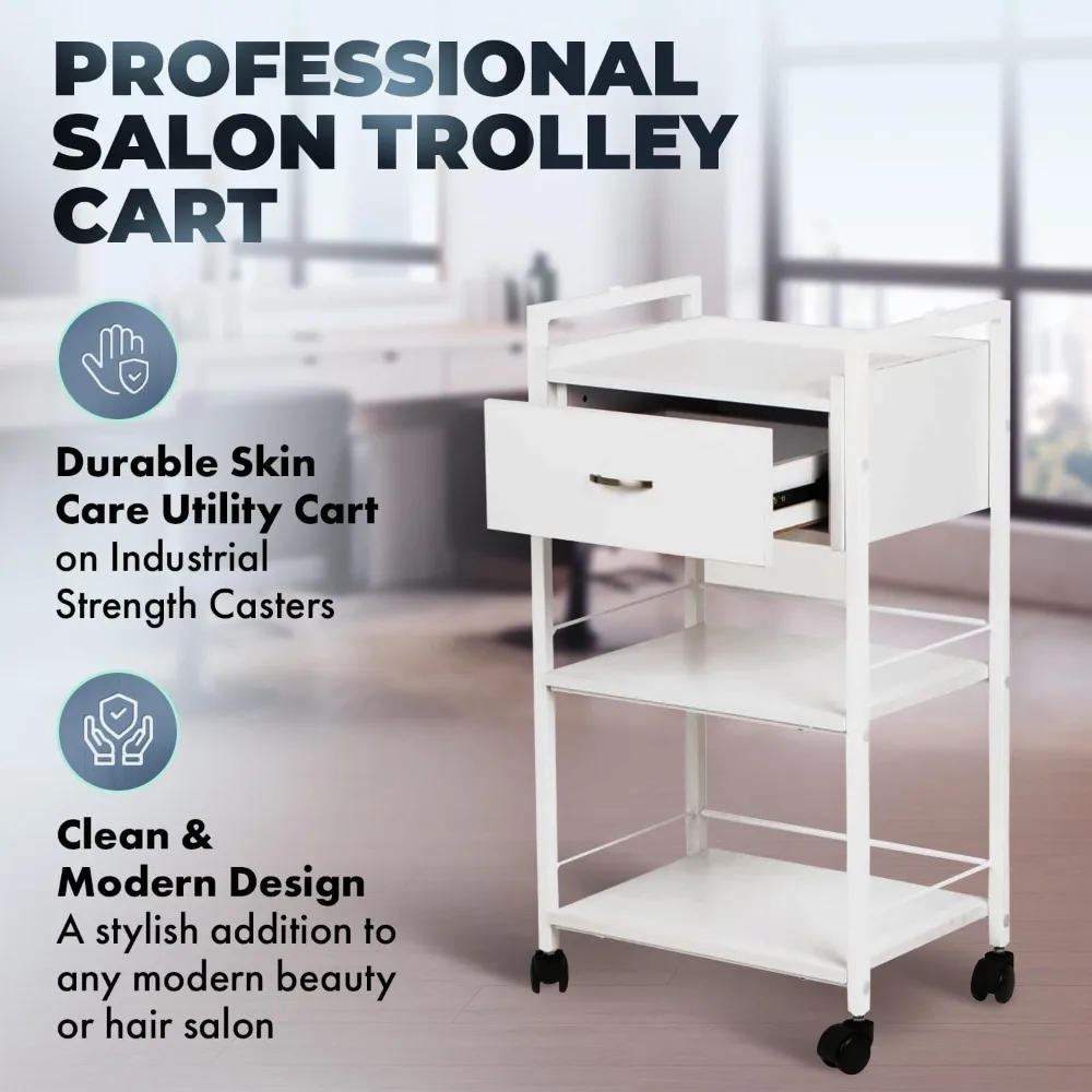 Salonwagen, 3-stufiger rollender Mehrzweckwagen für Spas, Kosmetikerinnen und Salons, Organizer aus weißem Holz mit Schublade