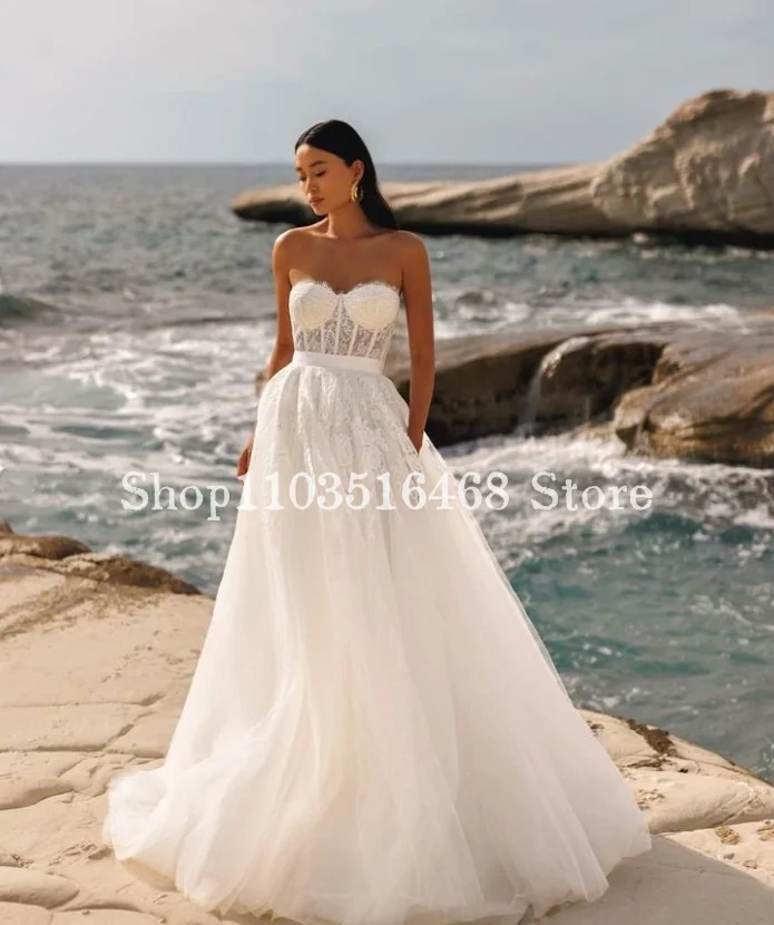 Sweetheart Bridal Beach Wedding 2024 White Elegant Sheath Sheer Applique Formal Wedding Dress Customised A-Line Long Dresses