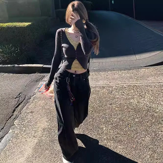 7860 Frühjahr Neue Pure Desire Sexy Einfarbig V-ausschnitt Jacquard Hohl Hohe Taille Kurze Strickjacke Jacke