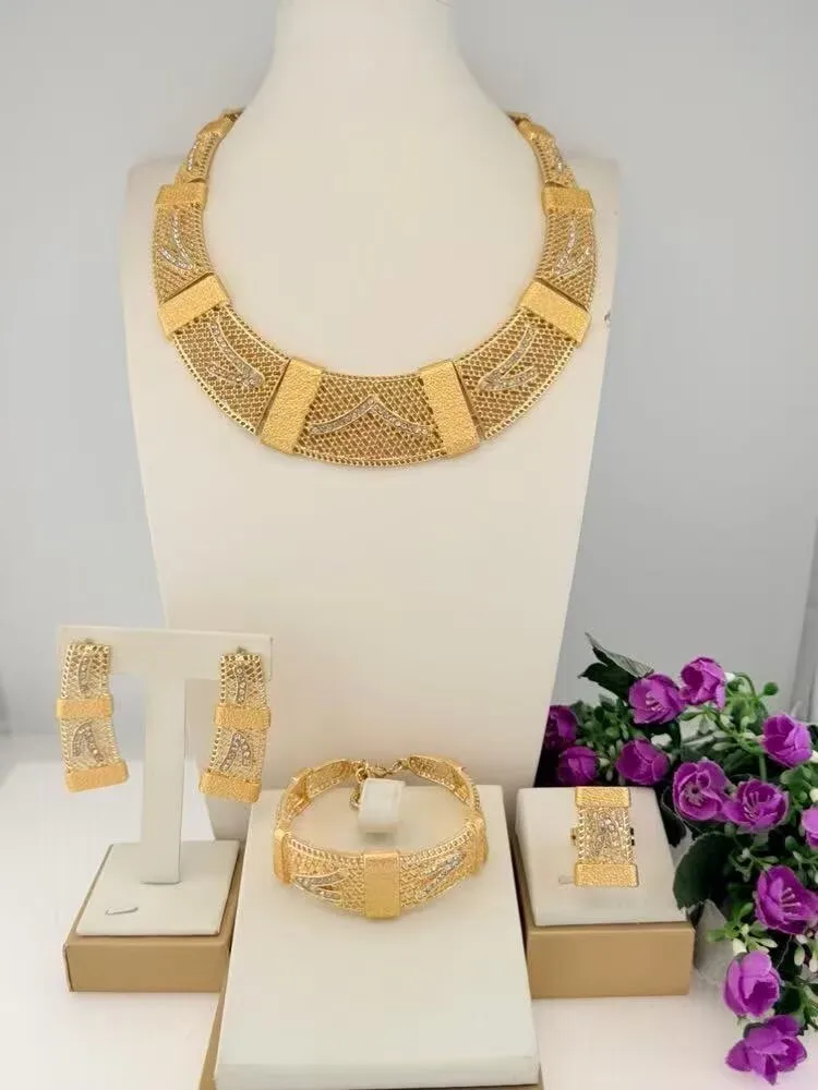New In Gold Silver Plated Mesh Bib Jewelry Set Women Dubai African Bridal Wide Collar Necklace Rectangle Earrings Bracelet Ring