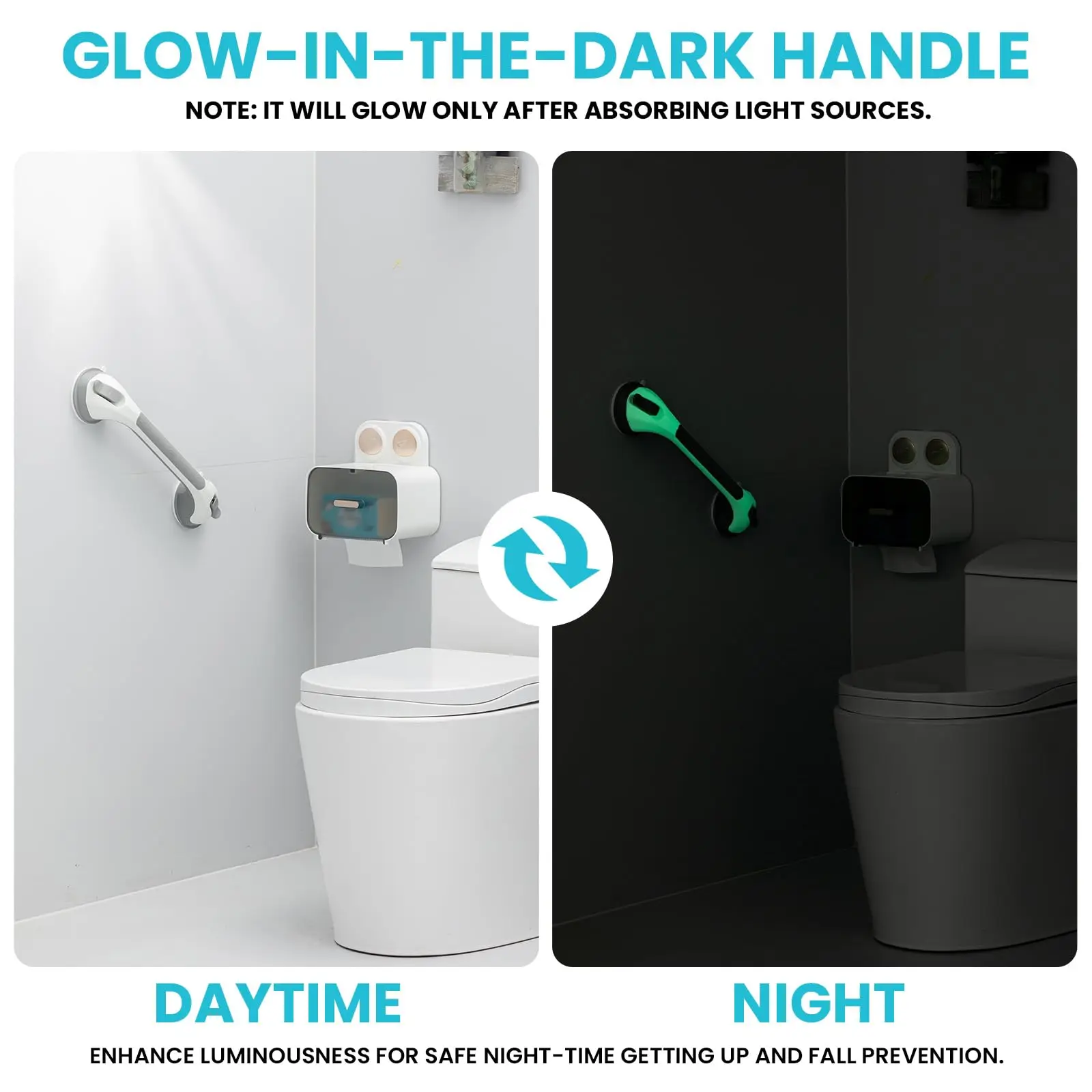 TAILI Shower Grab Bar Glow in The Dark 2pcs Grab Bar Bathroom Handles Shower Rails for Seniors Safety Grip Removable No Drilling