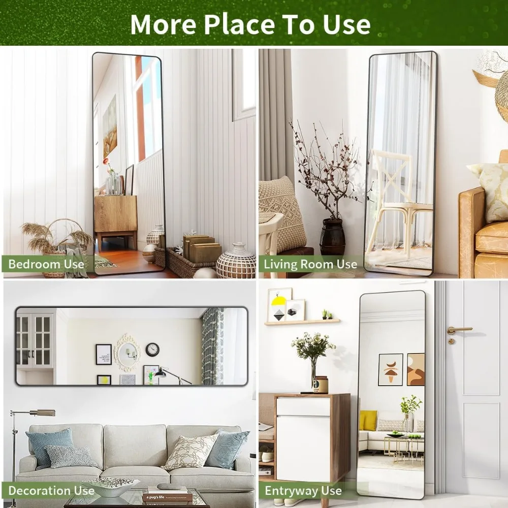 Full Length Mirror with Rounded Corners - Standing or Leaning Metal Framed Floor Mirror for Living Rooms and Bedrooms