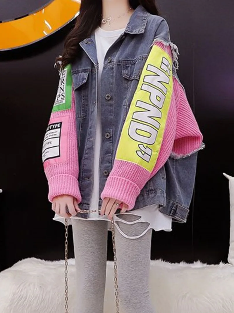 Harajuku Jeans Sweater Jacket Women Fashion Patchwork Letters Denim Cardigans Jersey Cardigan Korean Clothes Outerwear 2023