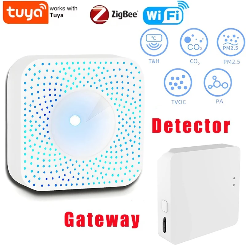 

Air Quality Detector Tuya WiFi/Zigbee Gateway 6-in-1 Smart Air Box PM2.5 CO2 Meter Formaldehyde VOC Temperature Humidity Sensor