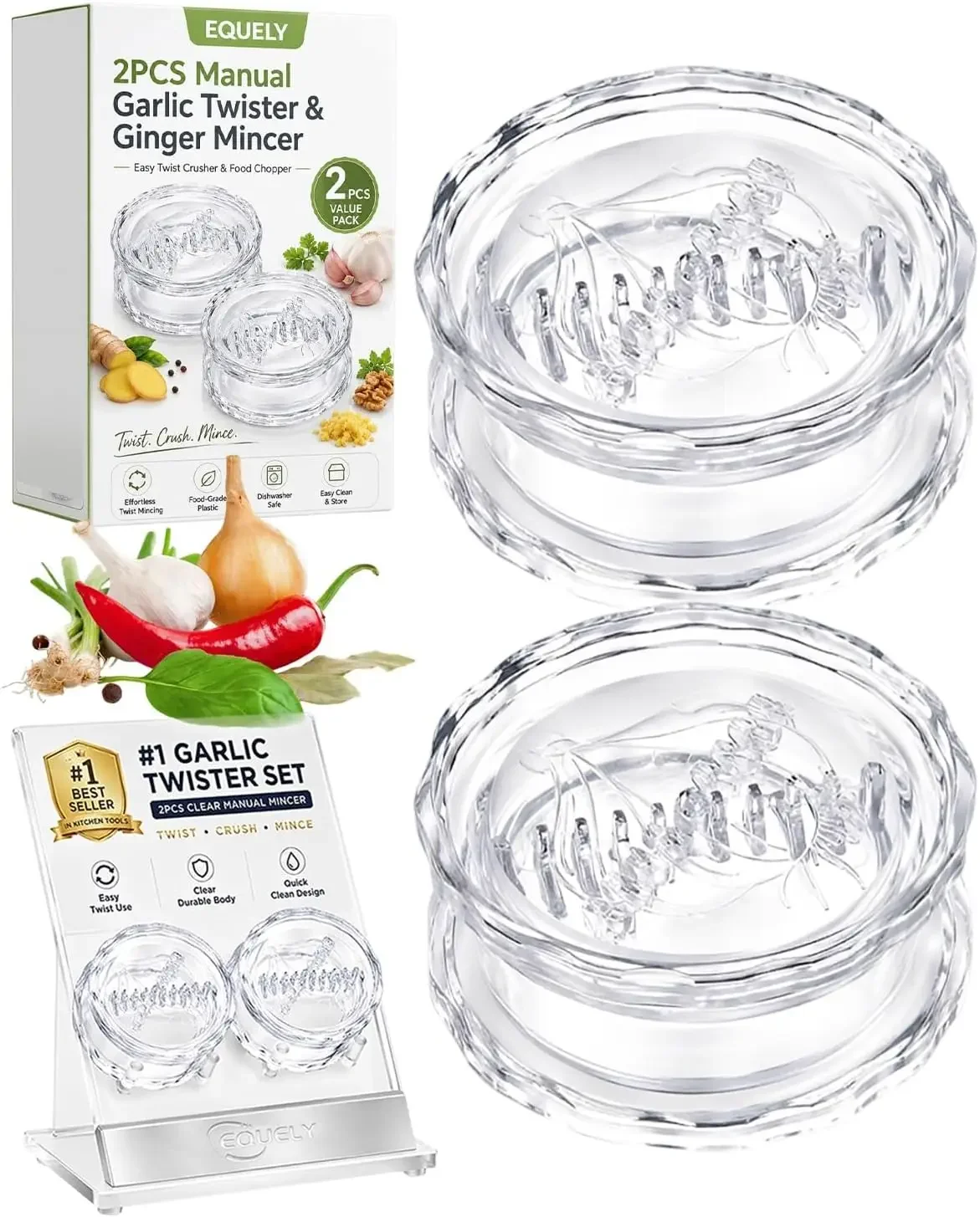 2PCS Clear Manual Garlic Twister and Ginger Mincer Tool, Crusher Twist, Grade Plastic Press to Chop Dishwasher Safe Mess-Free, H