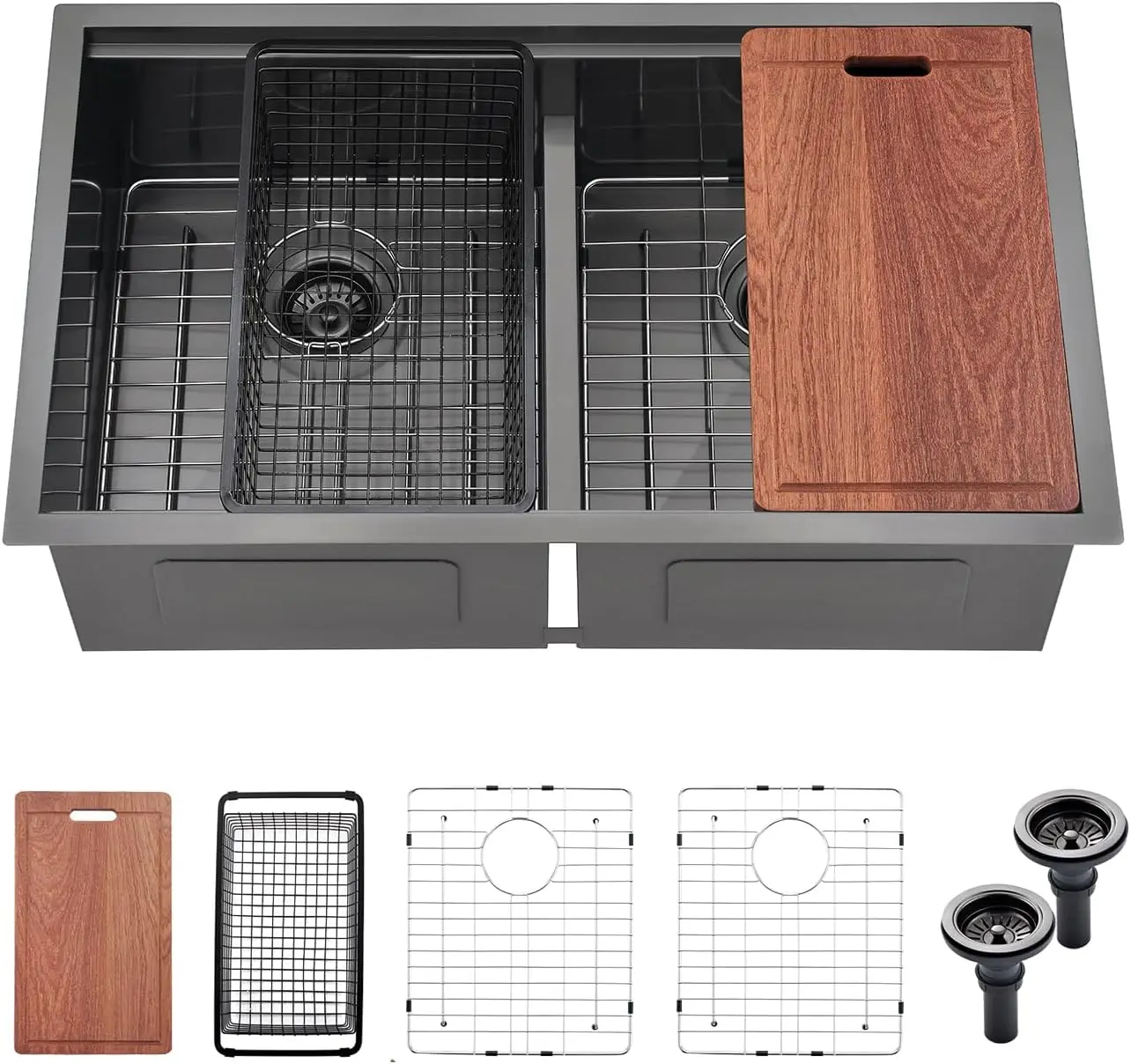 

32x19x10 Inch Undermount Kitchen Sink, Nano Black 304 Stainless Steel Deep Double Bowl with Efficient Drainage and Tarnish-Resis