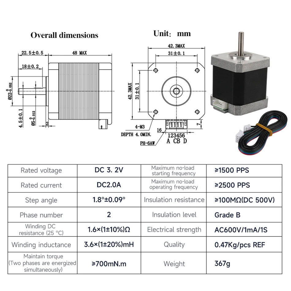 Stepper 42 Motor 48MM 60MM Height Square Motors 17HS8401 17HS8401S With Cable Black Sliver 3D Printer Parts