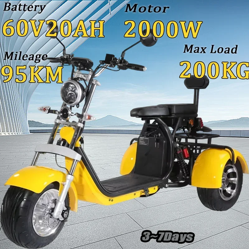 Electric Tricycle 2000W 60V 20A  Lithium Battery with a load capacity of 200KG City Scooter Adult 3wheel electric motorcycle