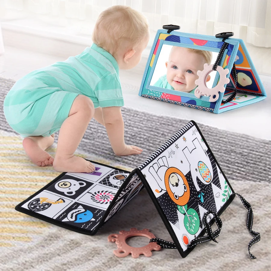 Składana zabawka do łóżeczka, miękka książeczka edukacyjna dla niemowląt, zabawka do zabawy na brzuszku, lusterko dla niemowląt, zabawki dla niemowląt wspomagające rozwój wzrokowy, zabawki edukacyjne dla noworodków.